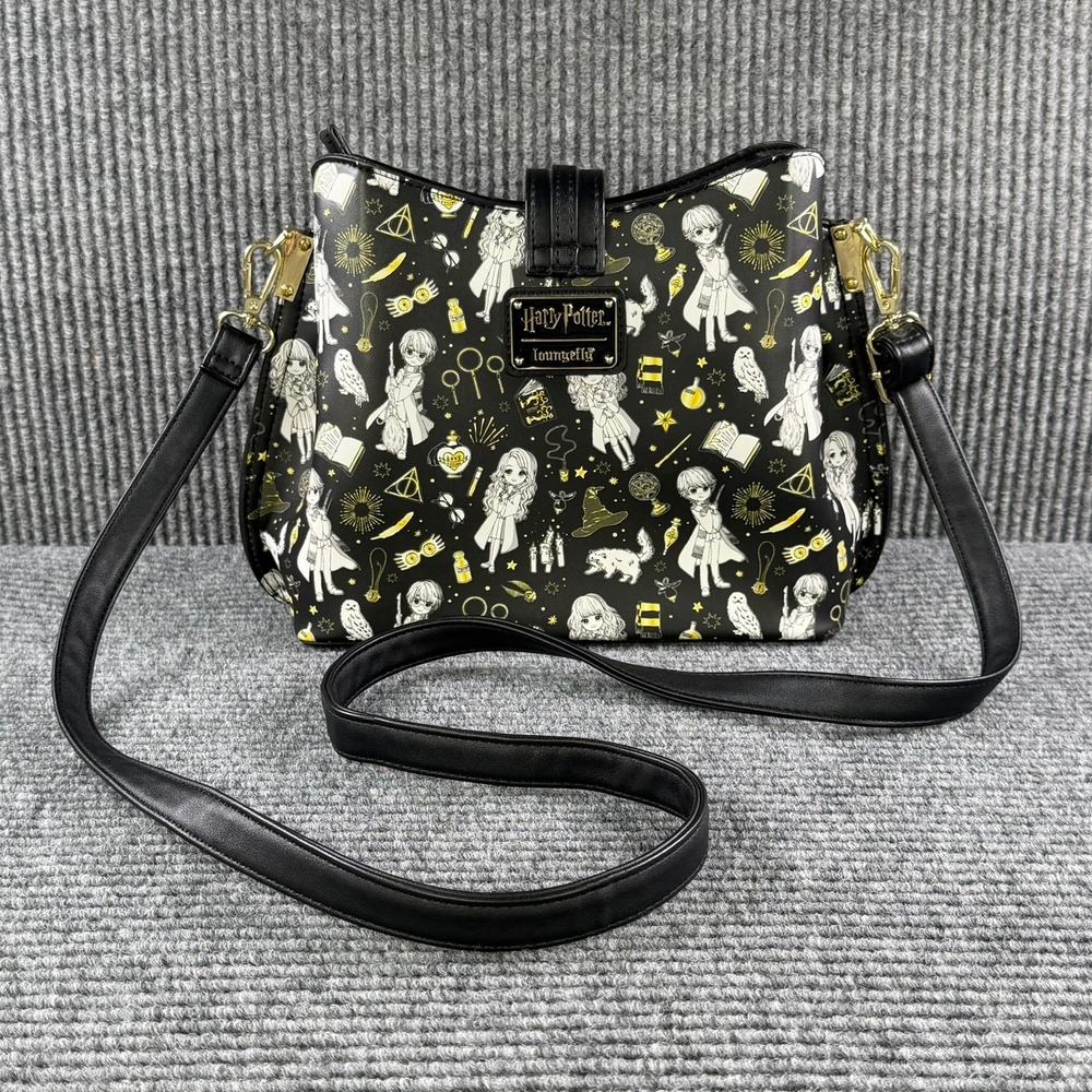 Loungefly Harry Potter Chibi Characters Crossbody Bag Black Gold Anime Print - Picture 1 of 16
